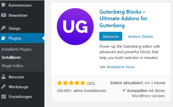 plugin Ultimate Addons for Gutenberg installieren