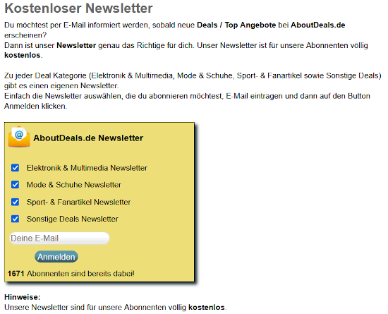 Newsletter-Anmeldung bei aboutdeals.de