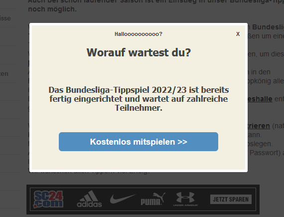 Popup-Layer auf liga-tippspiele.de