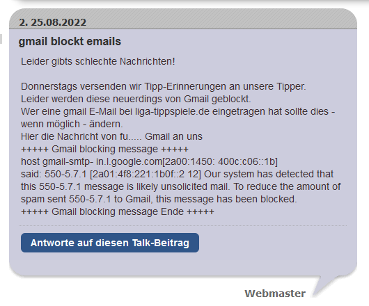 Gmail blockt E-Mails von liga-tippspiele.de