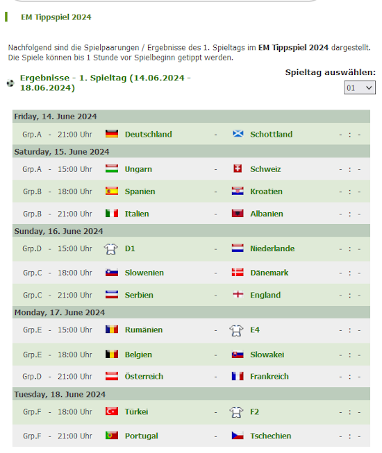Erster Spieltag bei unserem EM Tippspiel 2024