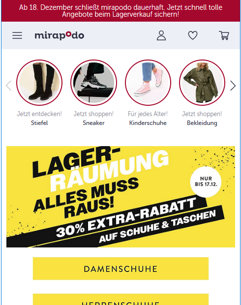 Schließung von mirapodo.de am 18. Dezember 2023